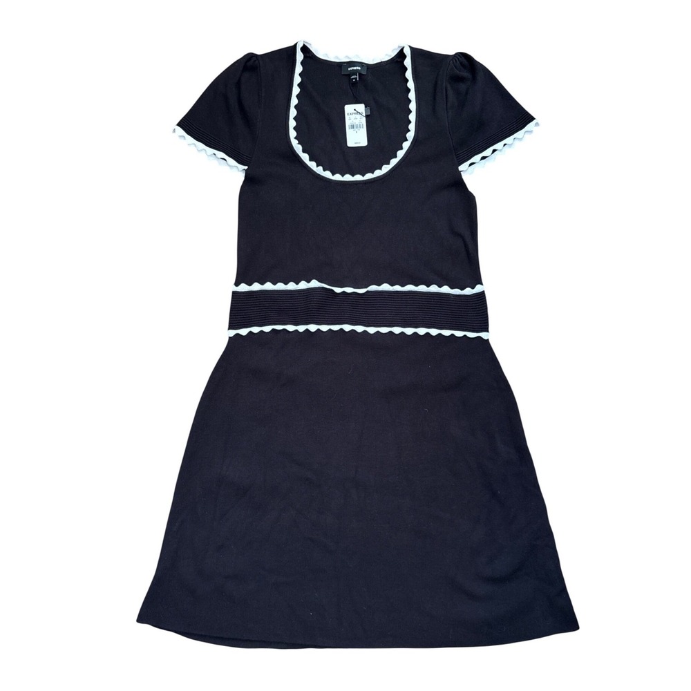 Express Womens Black Scalloped Trim Ribbed Knit Fit & Flare Dress Medium New
